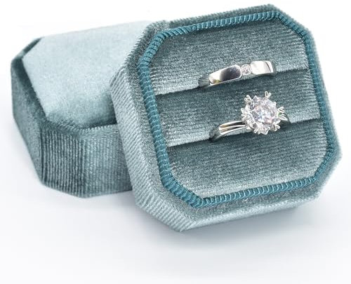 Eveynsh Ringschatulle aus Samt, Doppelring-Box, Ringschatulle, 2 Fächer, achteckiger Ringhalter für Verlobung, Hochzeit, Antrag, Zeremonie, Jahrestag, Geschenk