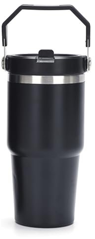 JEELINBORE 600ml Thermobecher mit klappbarem Tragegriff Tragbarer Autobecher Edelstahl Isolation Kaltgetränken Bierbecher Reisebecher KaffeetasseSchwarz 20oz/600ml