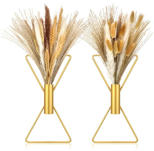 Peryiter 2 Pcs Boho Gold Wall Decor Metal Wall Art X Shaped Hanging Planters with Artificial Pampas Modern Home Gold Bathroom Decor for Bedroom Living Room