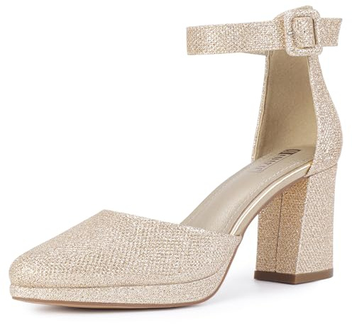 IDIFU IN3 Womens Closed Toe Heels Chunky Block Platform Pumps Pointed Toe Ankle Strap Dress Shoes for Women Comfortable Wedding Short Low Pumps Shoes(Gold Glitter, 8.5)