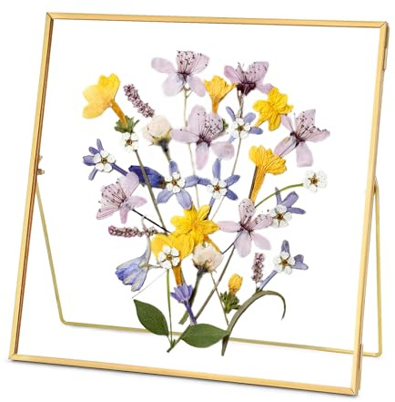 REDHUGO Double Glass Metal Frame for Pressed Flowers - Handmade Floating Picture Display - Square Tabletop Geometric Design