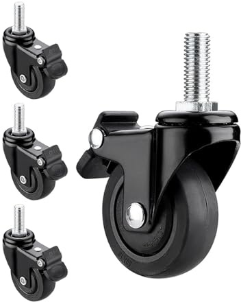XXOBAZLF Schwarze Lenkrollen, Lenkrollen mit Gewindeschaft, Satz mit 4 Möbel-Gummirollen, Lenkrollen mit Totalverriegelung (Stammdurchmesser 6/8/10 mm), M6-4 Bremsen