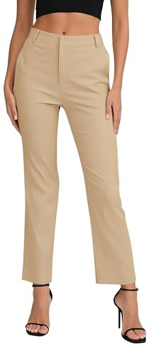 EXCHIC Mujeres Comercio Casual Rectas Piernas Largos Pantalones Elástica Cintura Oficina Pantalones con Bolsillos(M, Camello)