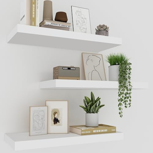Upassion White Floating Shelves - Set of 3, 16 Wall Mounted Shelves for Home Decor, Living Room, Bedroom, Bathroom, Kitchen