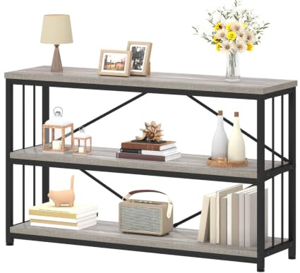 IBF 47 Gray 3 Tier Low Bookcase,Industrial Modern Short Horizontal Etagere Bookshelf, Simple Wide Open Rustic Metal and Wooden Book Shelf for Bedroom Living Room Home Office Storage, Light Grey Oak | Industrial Wide Open Rustic Metal Wooden Book Shelf Bookcase Bookshelves for Bedroom Living Room Home Office Storage