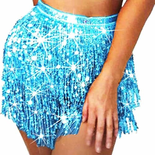 Edary Sequin Tassel Skirt Belly Dance Skirts Sparkly Fringe Hip Scarf Skirt Festival Outfit Rave Costume for Women Blue
