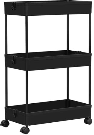 Klihome Servierwagen 3 Ebenen, Küchenwagen mit Rollen, Rollwagen mit ausgehöhlten Körben, 4 Haken, 2 Bremsen, Allzweckwagen für Wohnzimmer Badezimmer Küche, Kunststoff Metall, Schwarz