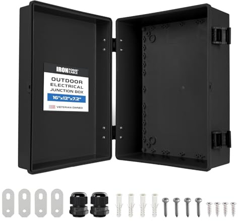 Iron Forge Cable Waterproof Junction Box Extra Large - Outdoor Enclosure with Accessories, Hinged Black Panel Cover - IP65, 16x 12x 7.2Inch