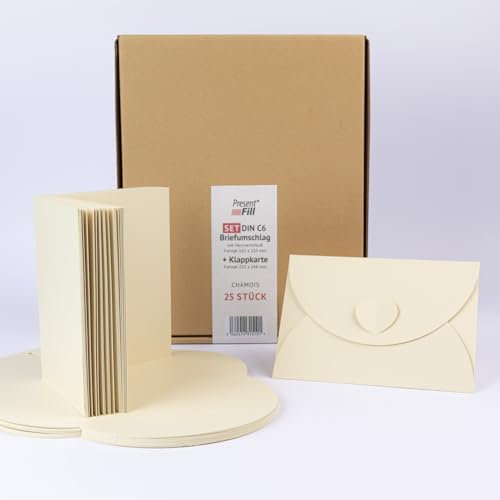 PresentFill® - blanko Falt-Karten inkl. Briefumschläge mit Herz Verschluß - 25er Set - Chamois Creme - Klappkarten zum selbst gestalten, beschriften oder bedrucken - DIN A6 / C6