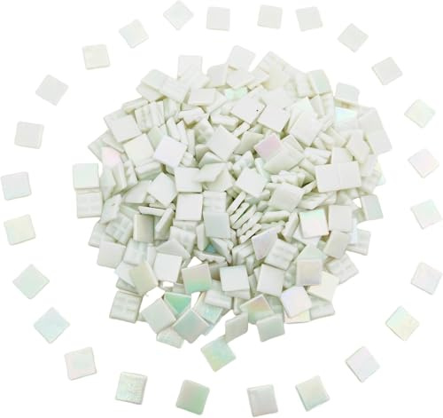 320 STÜCK Quadratische Schillernde Buntglas-Mosaikfliesen, 500 g Mosaikfliesen für DIY-Bastelarbeiten, 1,5 cm / 0,6 Zoll Helle Mosaikglasstücke für Kunsthandwerk und Hausdekoration (Schillerndes Weiß