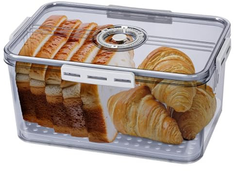 Tefola Large Bread Bins for Kitchen, Clear Grey Bread Box with Time Recording & Airtight Lid, Bread Storage Container for Toast Bun Sandwich Biscuits Donut (32.5 X 22.5 X15.5 cm)
