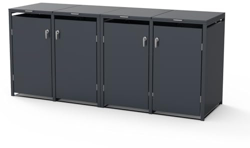 SCHARTEC® Mülltonnenbox 4er in anthrazit Einhandbedienung & erweiterbar 240l Mülltonnenverkleidung Mülltonnen Sichtschutz Unterstand für 4 Tonnen