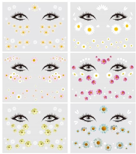 BOOMTOP 6 Blatt Temporäre Tattoos Blumen Gesicht Tattoo Gänseblümchen Gesichtstattoos Festival Tattoos Bunte Makeup Klebetattoos Körperkunst Frühling Karneval Fasching Mottoparty