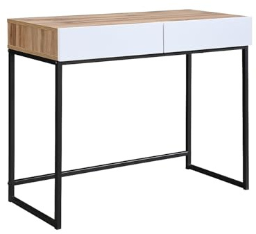 Vente-unique - Bureau Console Blanc et Bois Naturel CEVANIA avec 2 tiroirs de Rangement, Design Moderne et Fonctionnel pour entrée ou Espace de Travail – Structure Pratique et décorative