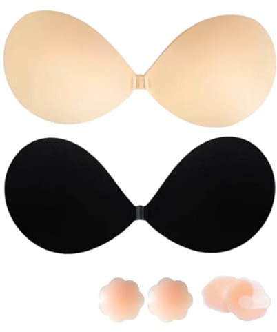 MELARQT Soutien-gorge Adhésif Push-up - Dos Nu - Sans Bretelles - 2 Pièces Noir/Beige - B Cup - Push-up Léger - Invisible - Réutilisable