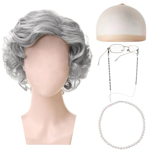 TUONYIS 5 Stück Old Lady Kostüm Set, Alte Dame Cosplay Set Kostümzubehör Enthalten Oma Perücke Perückenkappe Brille Brillenkette Perlenkette für Halloween Welttag des Buches Cosplay Karneval(Silber)