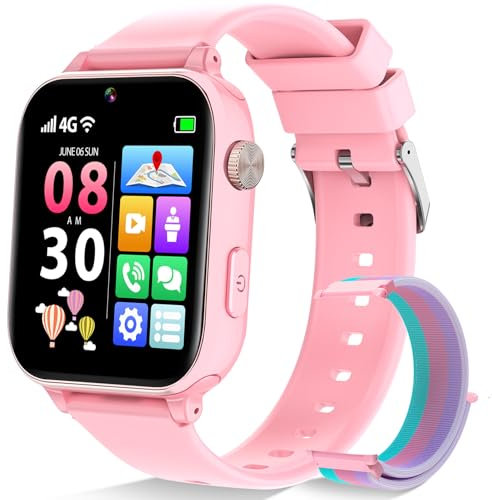 Alutoria 4G Smartwatch Bambina, Orologio GPS Bambini, Con Videochiamata e Telefono, WIFI/GPS/LBS Contapassi/Ricevi SMS SOS Modalità Scuola Sveglia, Regali per Bambini Dai 4 Anni in Su, Rosa tenue