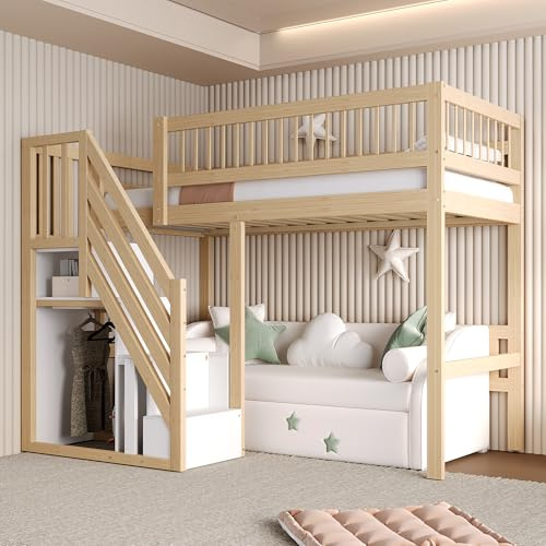 Merax Hochbett 90 x 200 cm, mit Aufbewahrungsleiter, Kinder- und Jugendbett, Massivholzrahmen, integrierte Aufbewahrung, für kleine Schlafzimmer, Holzfarbe (ohne Matratze)