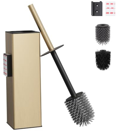 BVL Klobürste Wandmontage Gold, Klobürstenhalter ohne Bohren Metall Inklusive 2 Bürstenköpfe, Toilettenbürste Silikon WC Bürste Eckig