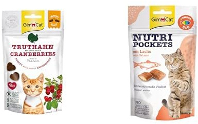 Bundle GimCat Crunchy Snacks Truthahn mit Cranberries - Knuspriges und proteinreiches Katzenleckerli + Nutri Pockets mit Lachs - Knuspriger Katzensnack mit cremiger Füllung.
