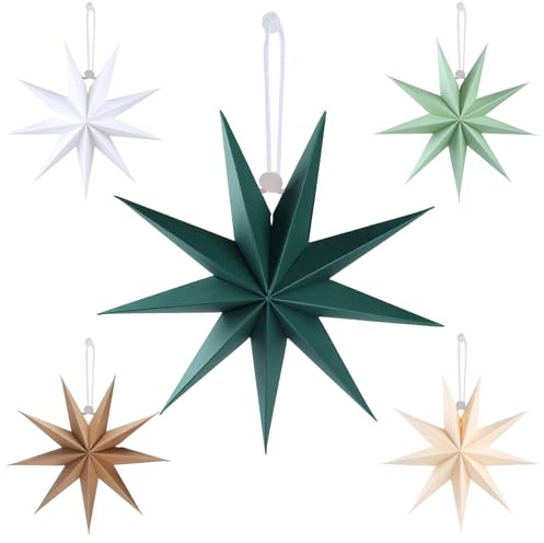 Juego de 5 estrellas de papel de 30 cm – Beige & Marrón, estrellas plegables de 9 puntas, color verde oscuro y blanco, decoración de Navidad, boda, cumpleaños, decoración de mesa