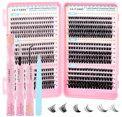 GEMERRY Pestañas Postizas Kit 30D+40D+50D+60D+80D+100D D Curl 8-16mm Mix Pestañas Pelo a Pelo para Extensiones de Pestañas Cluster Lashes Pelo y Pegamento Pinzas