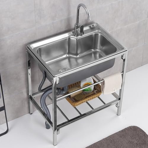 Lavatoio In Acciaio Inox,Lavello Cucina 1 Vasca,Lavandino Commerciale Professionale Con Rubinetto,Staffa,Lavabo Da Esterno A Libera Installazione,per Lavanderia Cortile Garage