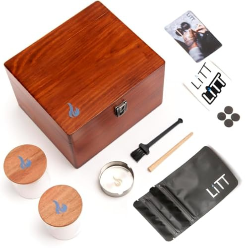 LITT Stash Box - With Built-in Wooden Rolling Tray, Smoking Accessories Wooden Rolling Box Organiser with Storage Compartments | Smell Proof | Glass Jar | Smoking box - Large - Brown