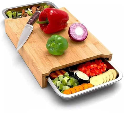 Tabla de cortar de bambú con 2 bandejas colectoras de acero inoxidable para cortar y cortar en dados, 40,5 x 29 x 3,2 cm, gran tabla de cocina de bambú macizo con cuencos, ideal para verduras y