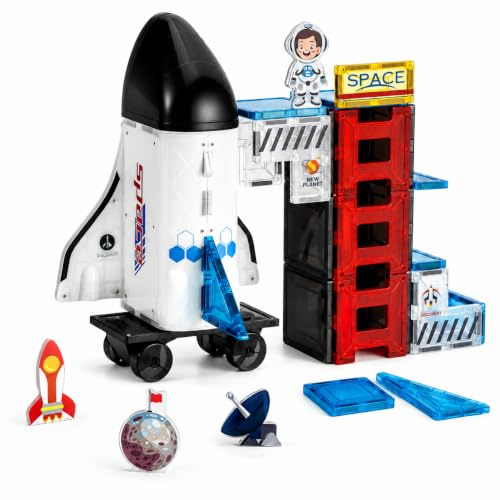 VROGTIK Space Magnetic Tiles for Kids, 30 Piece STEM Magnetic Building Blocks Set, Rocket Ship Space Station Educational Construction Toy with Astronaut Figure for Boys Girls Ages 3-8
