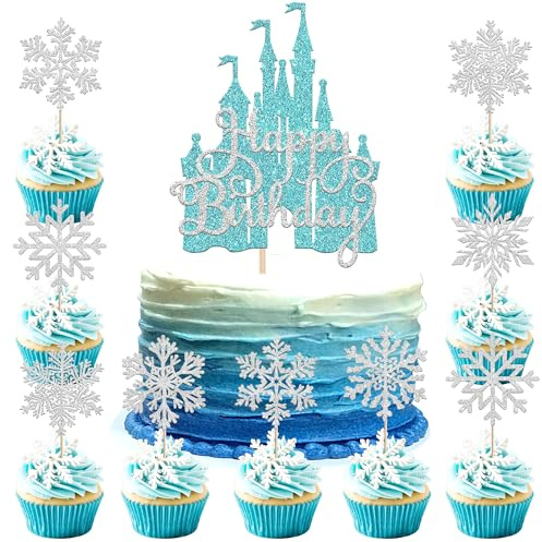 25 Stück Schloss Tortendeko Frozen Schneeflocke Cupcake Toppers Glitzer Winter Schneeflocken Kuchen Deko für Baby Dusche Hochzeit Junge Mädchen Geburtstag Party Kuchen Dekorationen Hellblau Silber