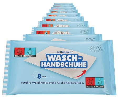 zetMedica ZVG Feuchte Waschhandschuhe, parfümfrei, pH-neutral, einzeln verpackt, gebrauchsfertig, 24er Pack | Alkoholfreie Vlies-Reinigungshandschuhe für die Pflege, reißfest, weich, mikrowellengeeignet und einzeln entnehmbar.