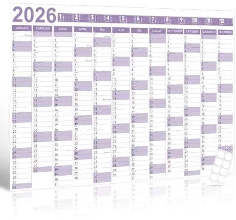 Wandkalender 2026 Groß – DIN A1 (84,1 x 59,4 cm) – Jahresplaner laminiert mit 8 Aufklebern, Faltverpackung, Wandplaner für Büro, Schule & Zuhause, Monate in Spalten, Flieder