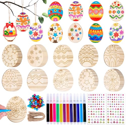 Putfoka Ostern Basteln Kinder, 164 Stück Holz Ostereier zum Bemalen, Holzanhänger Ostern zum Bemalen, Kinder Bastelset mit Aquarellstift Hanfseil Aufkleber Glöckchen, Osterbasteln mit Kindern