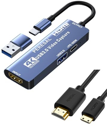 USB 3.0 Video Capture Card with 12IN Mini HDMI Cable PD 100W and USB3.0 Port, Streaming Game Recording 4K, 60FPS, HDMI to USB-A/USB-C Capture Card for Quest 3, Switch, PS5/4, Camera, Tablet PC