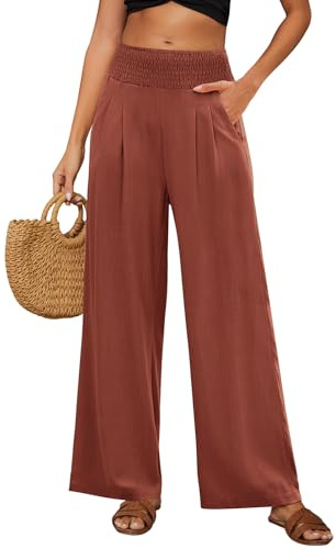 PASUDA Pantalon Femme Été Lin Pantalons Taille Haute Elastique Ample Pantacourt Coton Grande Longueur Palazzo Pants Jambe Large Fluide Droit Décontractée avec Poches
