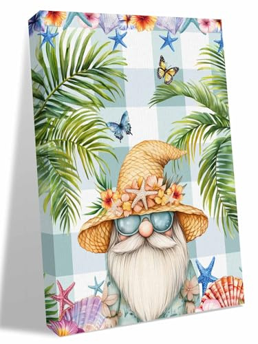 NuYeBiofx Tropical Dwarf Palm Tree Canvas Wall Art Prints,48x36 Framed Picture Artwork Gnomes Sea Star on Green Plaid Printed Canvas Oil Painting for Living Room Bedroom Office,Ready to Hang