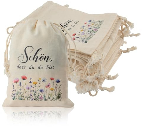 WANDIC 30 Stück Geschenkbeutel Stoff 10x15cm, Stoffbeutel Klein mit Kordelzug, Farbene Wildblumen Geschenktaschen mit Schriftzug „Schön DASS Du Da Bist“, passend für Hochzeit, Geburtstag, Einschulung