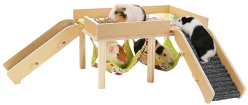 Hängematte mit Treppe für Hamster – abnehmbares Haus mit 2 Ebenen | Holzhaus mit Hängematte für Hamster | für kleine Tiere wie Kaninchen und Frettchen für Käfig drinnen und Wohnzimmer