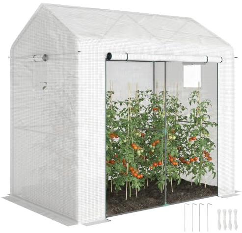 Outsunny Serre de Jardin PE Bâche Châssis en Acier 200 x 140 x 200 cm Blanc | Serre de Balcon, Bâche Renforcée 135 g/m², Porte Zippée Enroulable, pour Légumes Plantes Fleurs, Intérieur et Extérieur