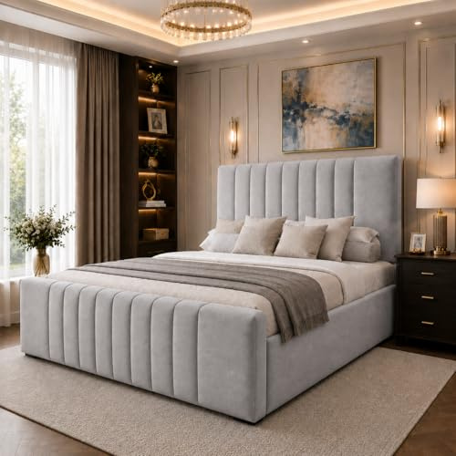 J&S BEDS Double Bed with Headboard, Luxury Serenity Velvet Upholstered Panel Bed, 4FT6 Double Bed Frame with Slatted Base - Silver Plush