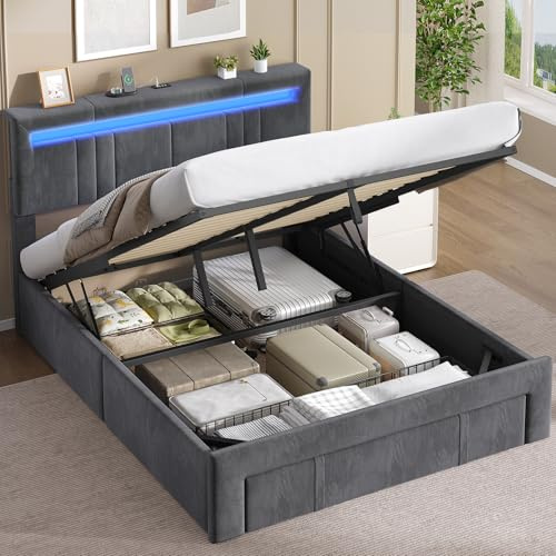 AGOLLATI Camas Matrimoniales 140x200 con Almacenamiento Hidráulico, Somier Tapizado con LED Cama Juvenil Canapé con Estación de Carga Cama con Cabecero Ajustable y Cajones Marco de Cama Terciopelo