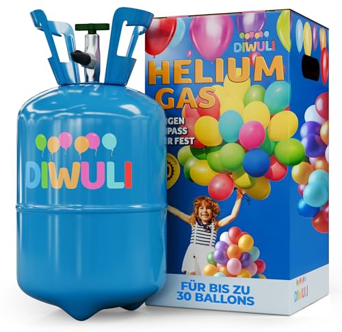 DIWULI Ballongas für 30 Luftballons – für Geburtstag, Hochzeit & Party – bis zu 30 schwebende Ballons – Helium Gasflasche für Latex- & Folienballons – einfache Anwendung & EU Qualität mit Füllgarantie