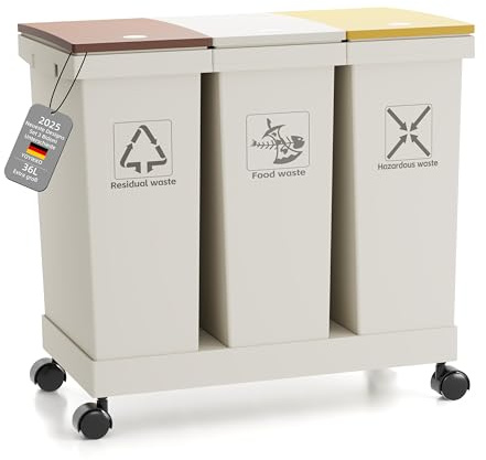 3-er Mülleimer-Set Küche Mülltrennsystem 3x Mülleimer mit Deckel, 3 X 12L, herausnehmbare Recycling-Mülleimer mit Rollen, Mülltrennsystem für Papier, Kunststoff, Glas, Küchenmülleimer (36L-100)