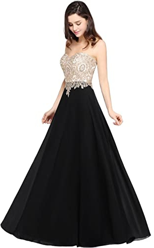 Misshow - Vestito da sera chic lungo con applique floreale traforata in mussola Nero 40