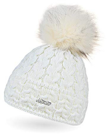 Neverless® Damen Strick-Mütze gefüttert Fell-Bommel Kunstfell Winter-Mütze Bommelmütze Zopfstrickmuster Fleece-Innenfutter Umschlag Creme