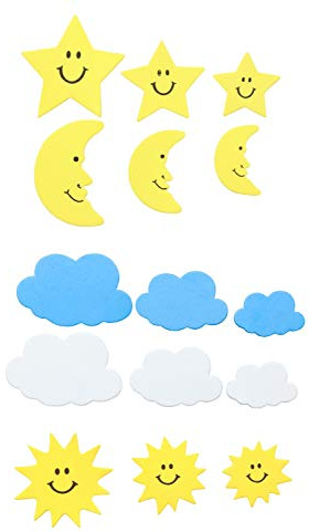 Glorex 6 2247 704 – Pegatinas de Goma musga de Sol, Luna y Nubes, Autoadhesivas, 52 Unidades, Surtido en 5 diseños en Diferentes tamaños, Ideal para Decorar Tarjetas de felicitación, álbumes de