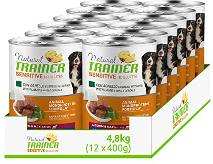 Natural Trainer Sensitive No Gluten Medium - Maxi - Cibo Umido per Cani con Agnello e Cerali Integrali 12 x 400 g