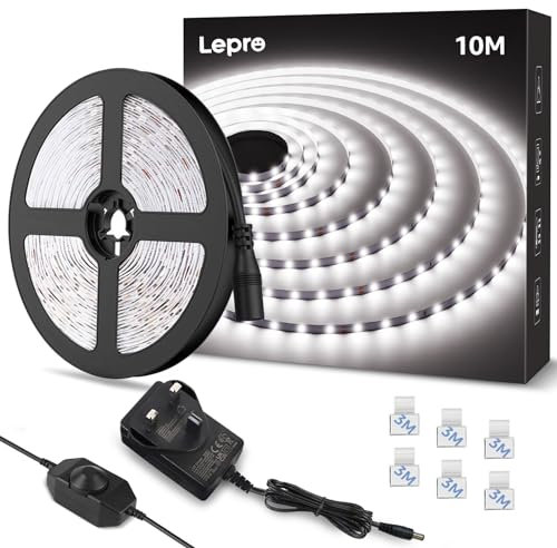 Lepro White LED Strip Light 10M, 2000lm Dimmable LED Lights, 24V UK Plug LED Strip with Dimmer Switch, 6000K Cool White Strip Lights for Kitchen, Cabinet, Wardrobe, Conservatory, Garage (1 Roll)
