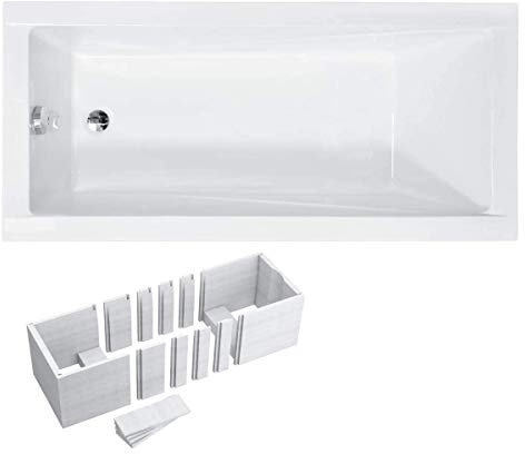 VBChome Badewanne 150x70 cm Acryl Wannenträger Wanne Rechteck Weiß Design Modern Styroporträger OHNE SIPHON